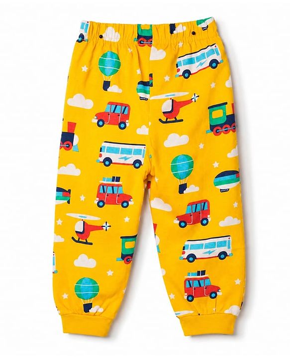 Babyhug 100% Cotton Knit Half Sleeves Co Ord T-Shirt & Pyjama Night Suit Vehicle Print - Yellow