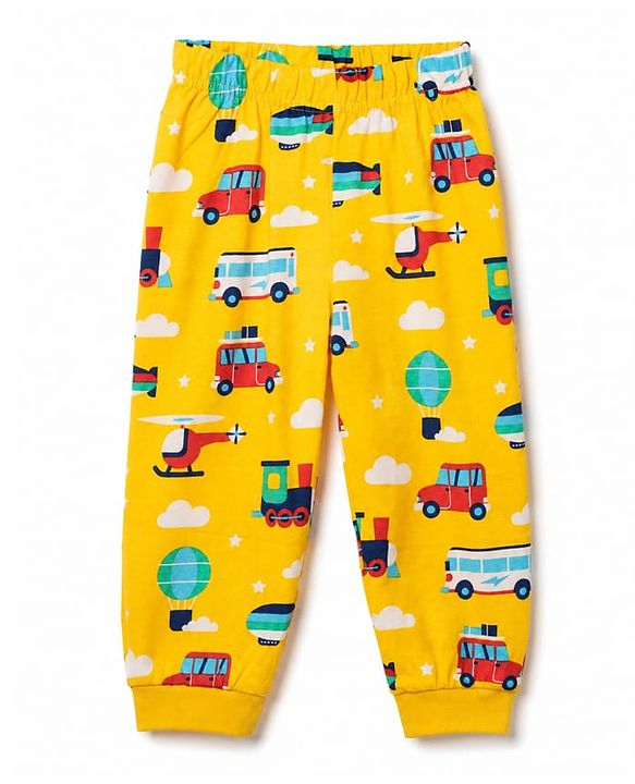 Babyhug 100% Cotton Knit Half Sleeves Co Ord T-Shirt & Pyjama Night Suit Vehicle Print - Yellow
