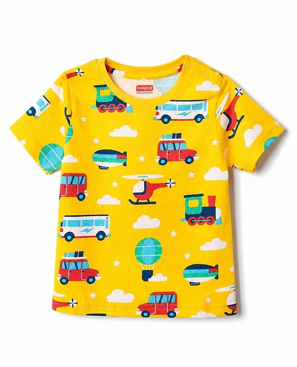 Babyhug 100% Cotton Knit Half Sleeves Co Ord T-Shirt & Pyjama Night Suit Vehicle Print - Yellow