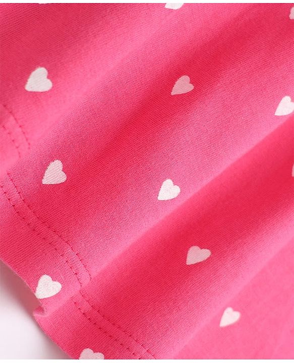 Babyhug 100% Cotton Single Jersey Knit Full Sleeves One Piece Dress with Hearts Print & Bow Applique - Pink