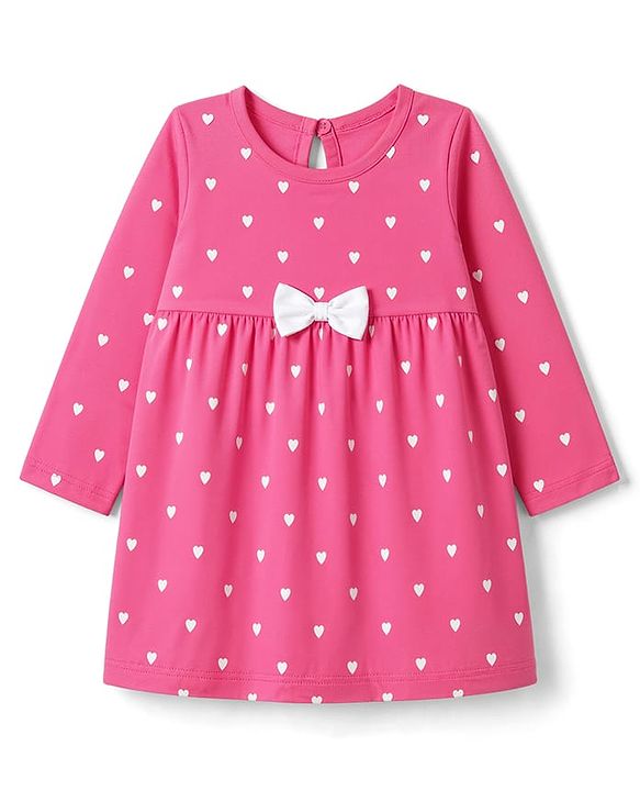 Babyhug 100% Cotton Single Jersey Knit Full Sleeves One Piece Dress with Hearts Print & Bow Applique - Pink