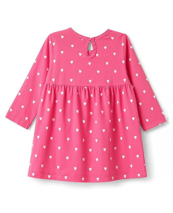 Babyhug 100% Cotton Single Jersey Knit Full Sleeves One Piece Dress with Hearts Print & Bow Applique - Pink