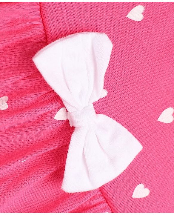 Babyhug 100% Cotton Single Jersey Knit Full Sleeves One Piece Dress with Hearts Print & Bow Applique - Pink
