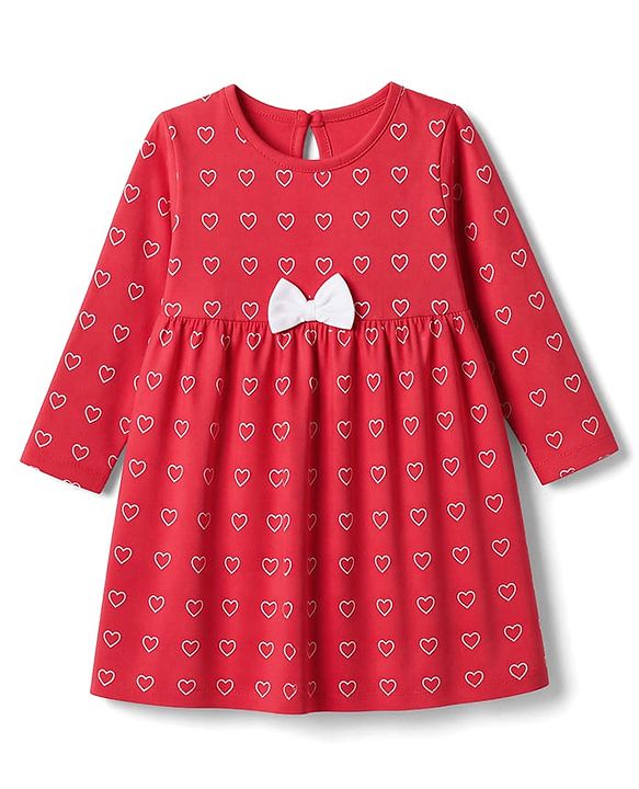 Babyhug 100% Cotton Single Jersey Knit Full Sleeves One Piece Frock With Heart Print & Bow Applique - Red