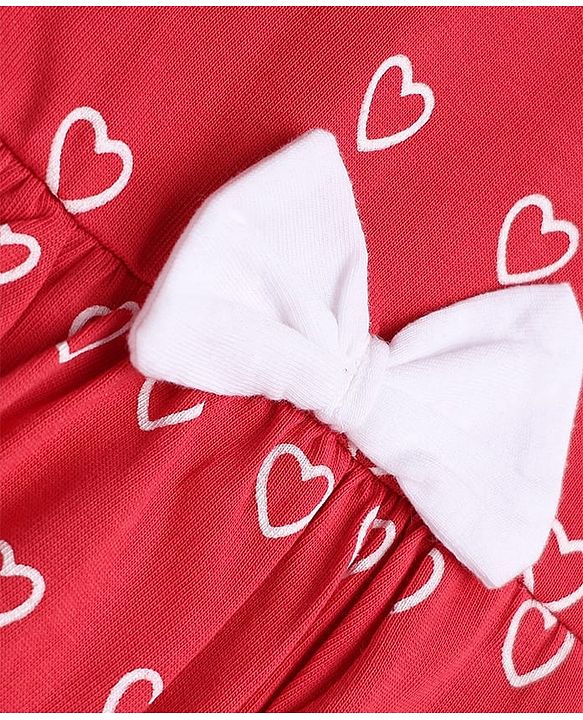 Babyhug 100% Cotton Single Jersey Knit Full Sleeves One Piece Frock With Heart Print & Bow Applique - Red