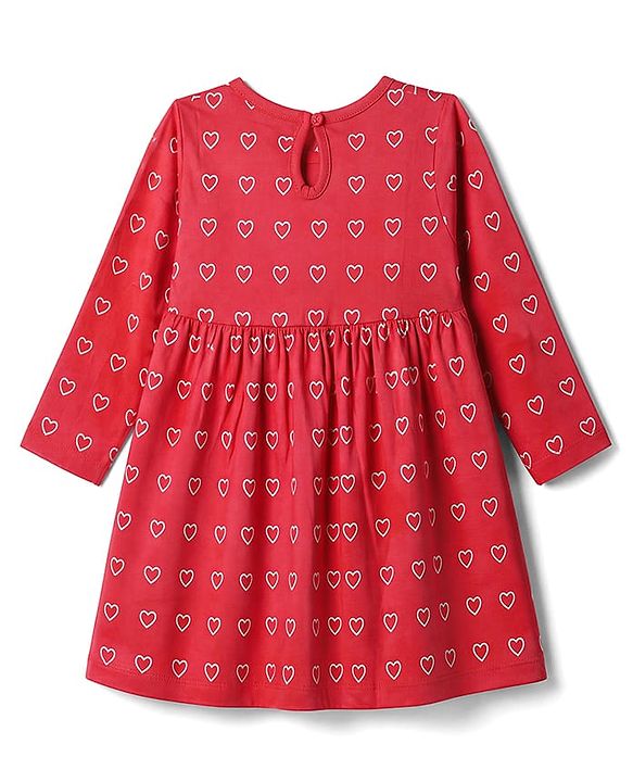 Babyhug 100% Cotton Single Jersey Knit Full Sleeves One Piece Frock With Heart Print & Bow Applique - Red