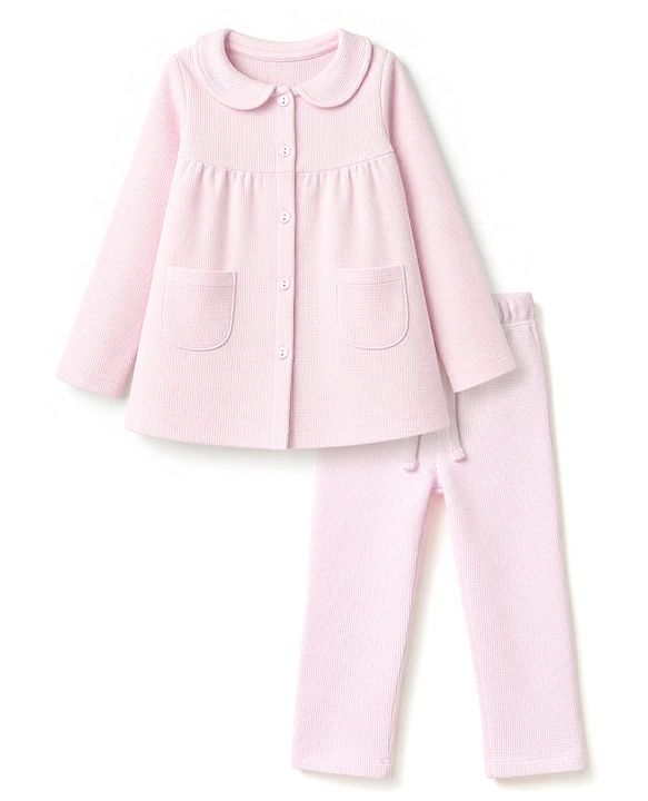 Babyhug 100% Cotton Knit Full Sleeves Co-Ords Shirt & Pyjama Night Suit - Pink