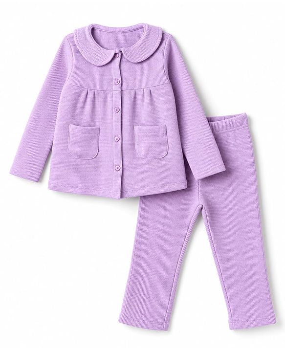 Babyhug 100% Cotton Knit Full Sleeves Co-Ords Top & Pyjama Night Suit with Pockets - Lavender