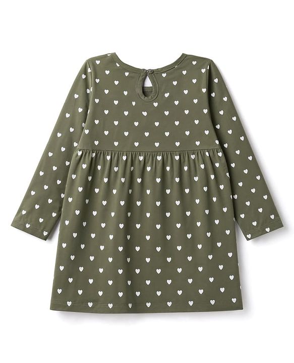 Babyhug 100% Cotton Single Jersey Knit Full Sleeves One Piece Dress with Hearts Print & Bow Applique - Green