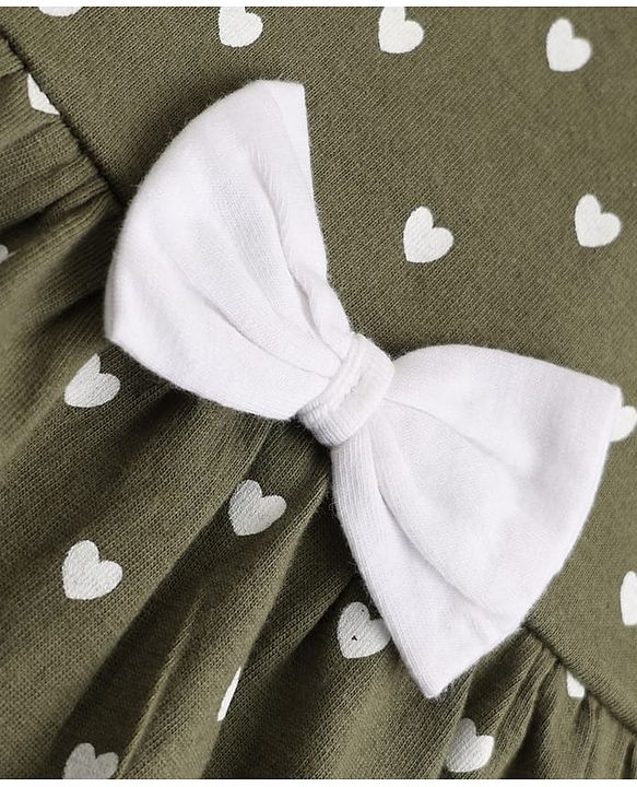 Babyhug 100% Cotton Single Jersey Knit Full Sleeves One Piece Dress with Hearts Print & Bow Applique - Green