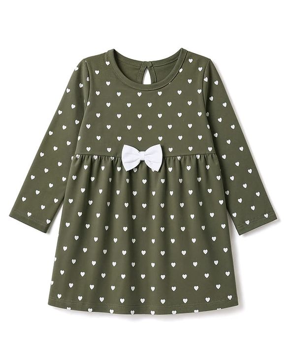 Babyhug 100% Cotton Single Jersey Knit Full Sleeves One Piece Dress with Hearts Print & Bow Applique - Green