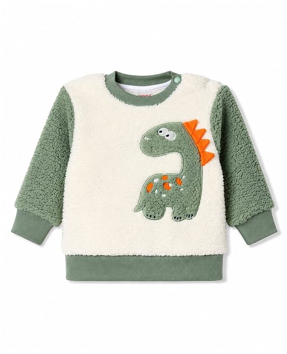 Babyhug Fur Velour Woven Full Sleeves Dino Embroidered Winter Wear Suit - Olive Green