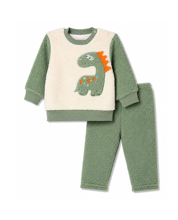 Babyhug Fur Velour Woven Full Sleeves Dino Embroidered Winter Wear Suit - Olive Green