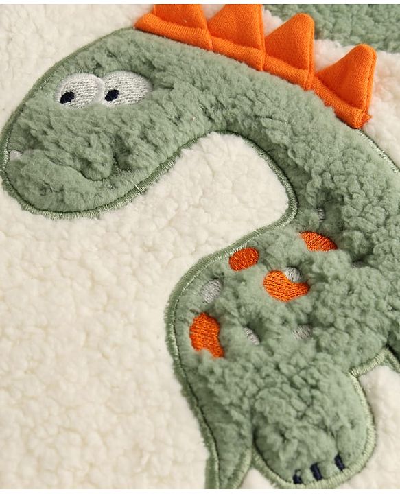 Babyhug Fur Velour Woven Full Sleeves Dino Embroidered Winter Wear Suit - Olive Green