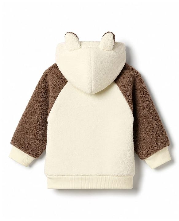 Babyhug  Fur Woven Full Raglan Sleeves Hooded Winter Wear Suit Teddy Patch - White & Brown
