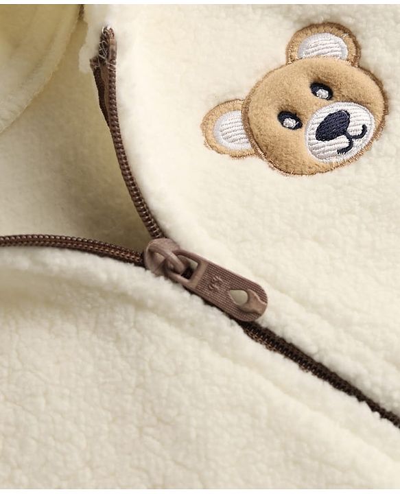 Babyhug  Fur Woven Full Raglan Sleeves Hooded Winter Wear Suit Teddy Patch - White & Brown