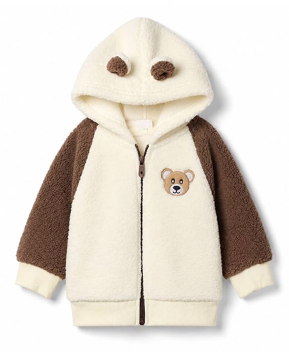 Babyhug  Fur Woven Full Raglan Sleeves Hooded Winter Wear Suit Teddy Patch - White & Brown