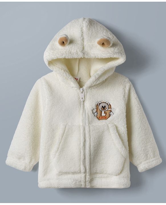 Babyhug Fur Woven Full Sleeves Hooded Winter Wear Suit Teddy Patch - White