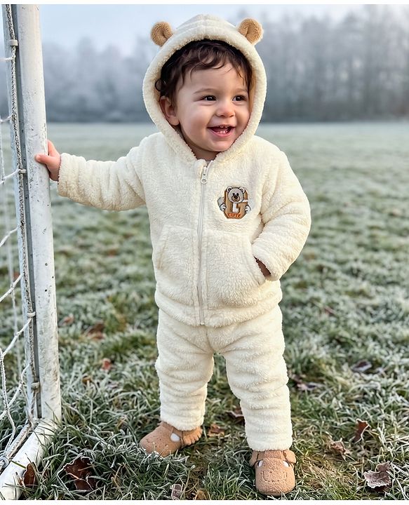 Babyhug Fur Woven Full Sleeves Hooded Winter Wear Suit Teddy Patch - White