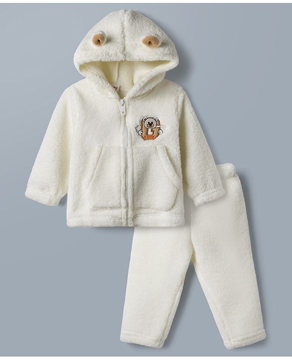 Babyhug Fur Woven Full Sleeves Hooded Winter Wear Suit Teddy Patch - White