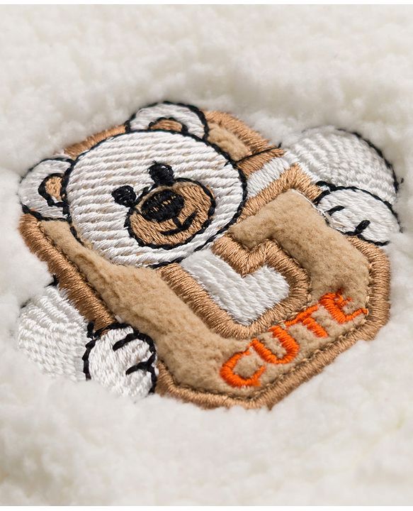 Babyhug Fur Woven Full Sleeves Hooded Winter Wear Suit Teddy Patch - White