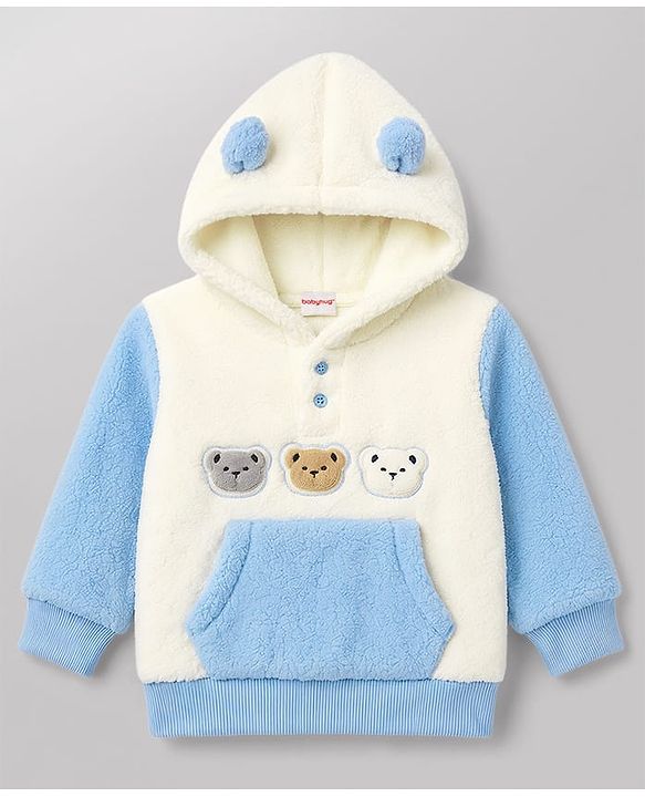 Babyhug Fur Woven Full Sleeves Hooded Winter Wear Suit Teddy Patch - Blue