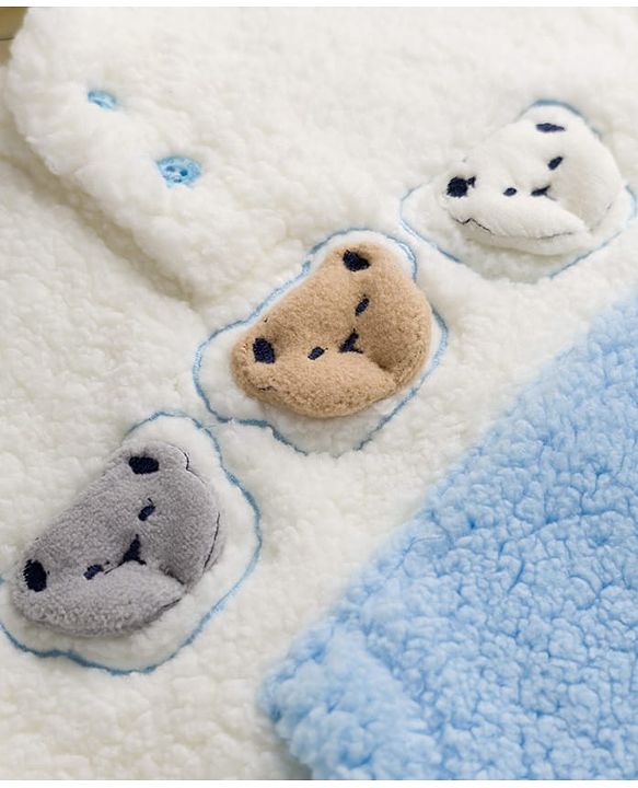 Babyhug Fur Woven Full Sleeves Hooded Winter Wear Suit Teddy Patch - Blue