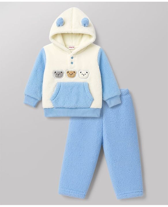 Babyhug Fur Woven Full Sleeves Hooded Winter Wear Suit Teddy Patch - Blue