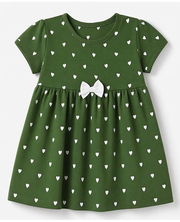 Babyhug 100% Cotton Single Jersey Cotton Knit Half Sleeves One Piece Dress With Hearts Print & Bow Applique - Green