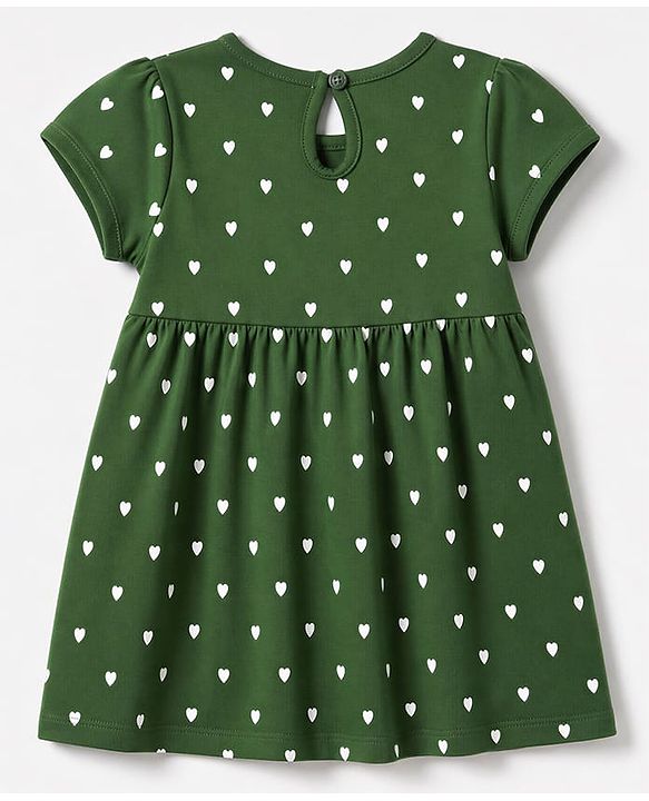 Babyhug 100% Cotton Single Jersey Cotton Knit Half Sleeves One Piece Dress With Hearts Print & Bow Applique - Green