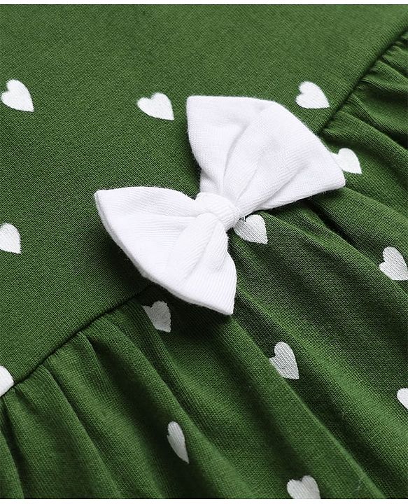 Babyhug 100% Cotton Single Jersey Cotton Knit Half Sleeves One Piece Dress With Hearts Print & Bow Applique - Green