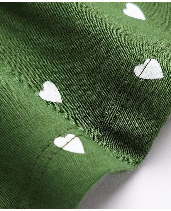 Babyhug 100% Cotton Single Jersey Cotton Knit Half Sleeves One Piece Dress With Hearts Print & Bow Applique - Green