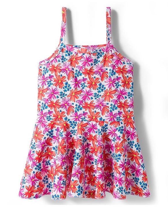 Babyhug Sleeveless Floral Printed Water Repellant Frock Swimsuit - Red