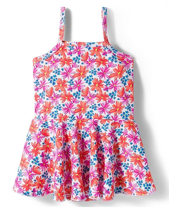 Babyhug Sleeveless Floral Printed Water Repellant Frock Swimsuit - Red
