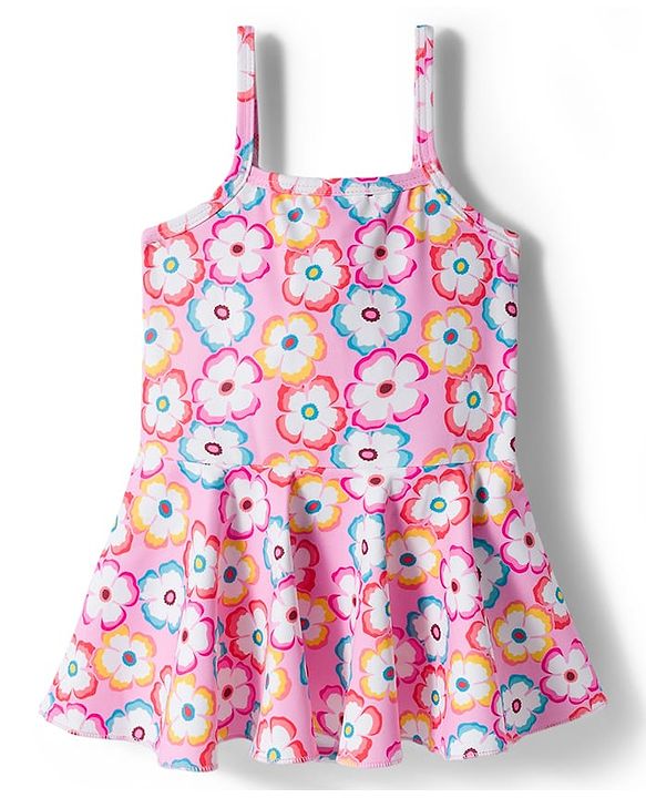 Babyhug Sleeveless Floral Printed Water Repellant Frock Swimsuit - Pink