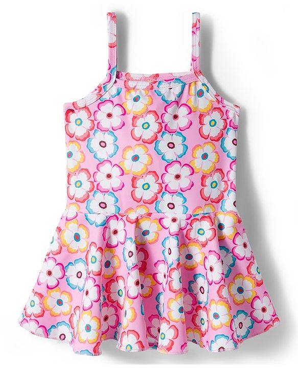 Babyhug Sleeveless Floral Printed Water Repellant Frock Swimsuit - Pink