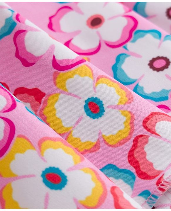Babyhug Sleeveless Floral Printed Water Repellant Frock Swimsuit - Pink