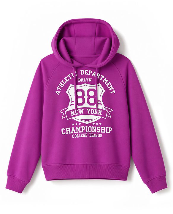 Pine Kids Cotton Knit Hooded Sweatshirt with Full Sleeves and Varsity Print - Purple