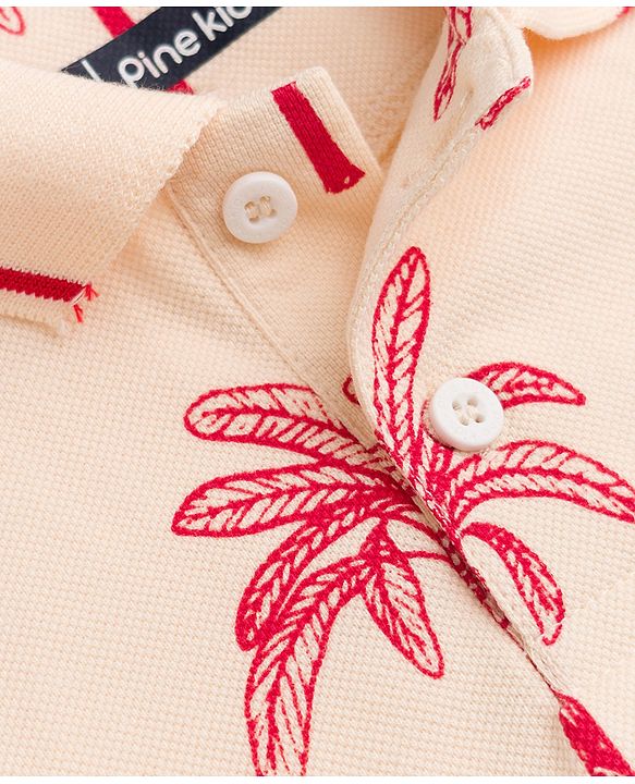 Pine Kids Cotton Knit Half Sleeves Polo T-Shirt with Palm Tree Print - Peach