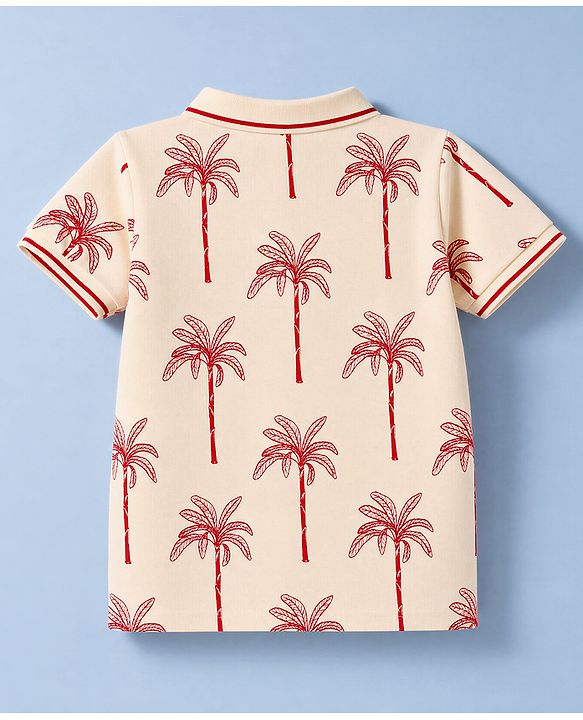 Pine Kids Cotton Knit Half Sleeves Polo T-Shirt with Palm Tree Print - Peach