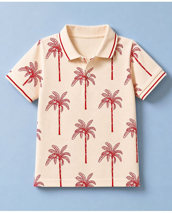 Pine Kids Cotton Knit Half Sleeves Polo T-Shirt with Palm Tree Print - Peach