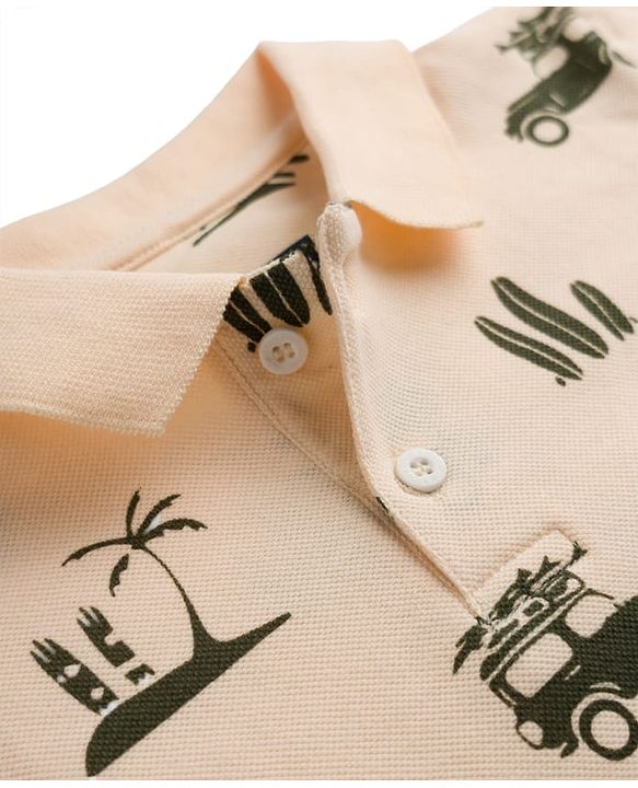 Pine Kids Cotton Knit Half Sleeves Polo T-Shirt with Beach Theme Print - Pink