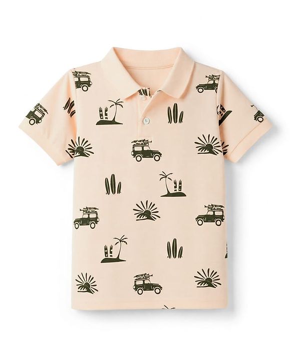 Pine Kids Cotton Knit Half Sleeves Polo T-Shirt with Beach Theme Print - Pink