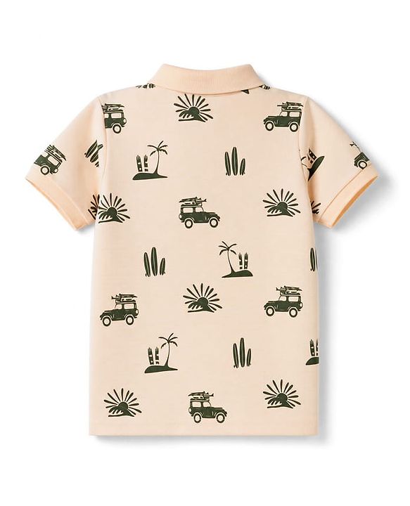 Pine Kids Cotton Knit Half Sleeves Polo T-Shirt with Beach Theme Print - Pink
