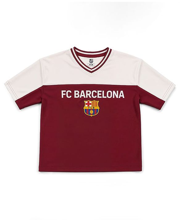 Pine Active Knit Half Raglan Sleeves FC Barcelona Printed T-Shirt with Shorts Football Set - Maroon & White