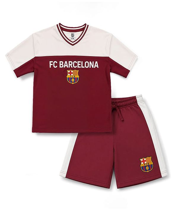 Pine Active Knit Half Raglan Sleeves FC Barcelona Printed T-Shirt with Shorts Football Set - Maroon & White