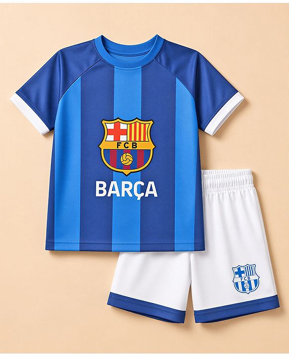 Pine Active Knit Half Raglan Sleeves Striped & Text Printed T-Shirt & Shorts Football Set - Blue