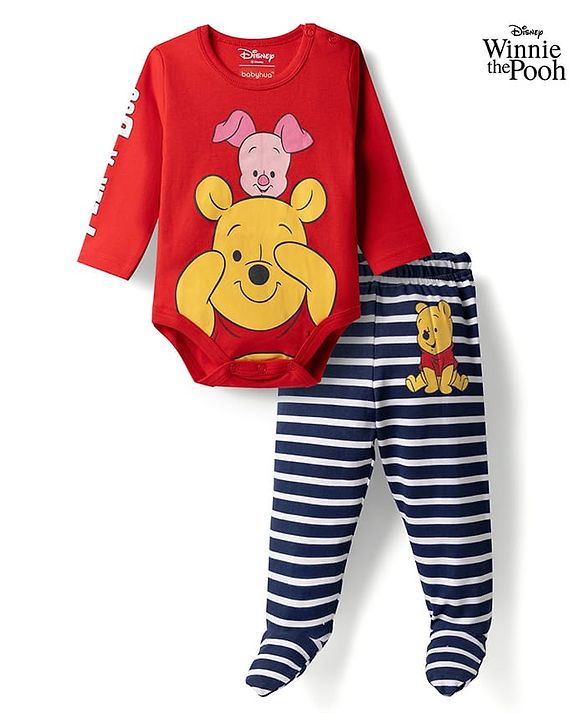 Babyhug Disney 100% Cotton Knit Full Sleeves Onesies & Bootie Leggings With Stripes & Winnie The Pooh Graphic - Multicolor