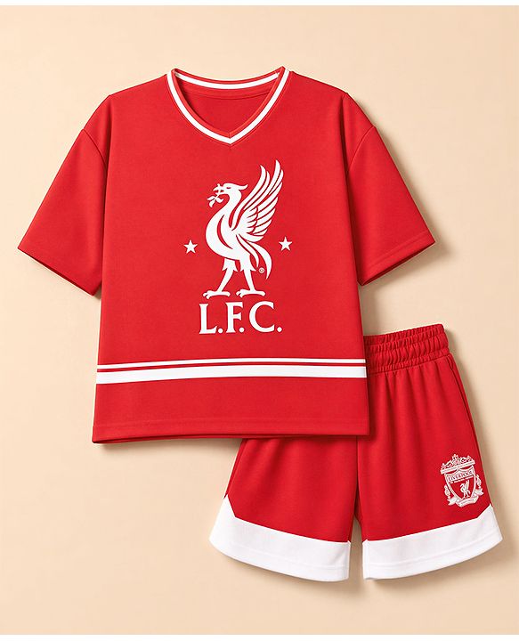 Pine Active Knit Drop Shoulder Half Sleeves Printed T-Shirt & Shorts Football Set - Red