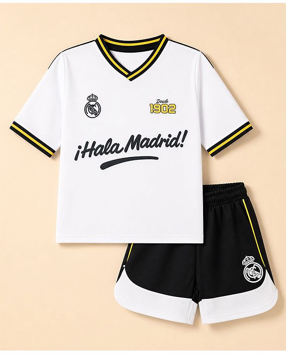 Pine Active Knit Half Sleeves Text T-Shirt & Shorts Football Set - White & Black